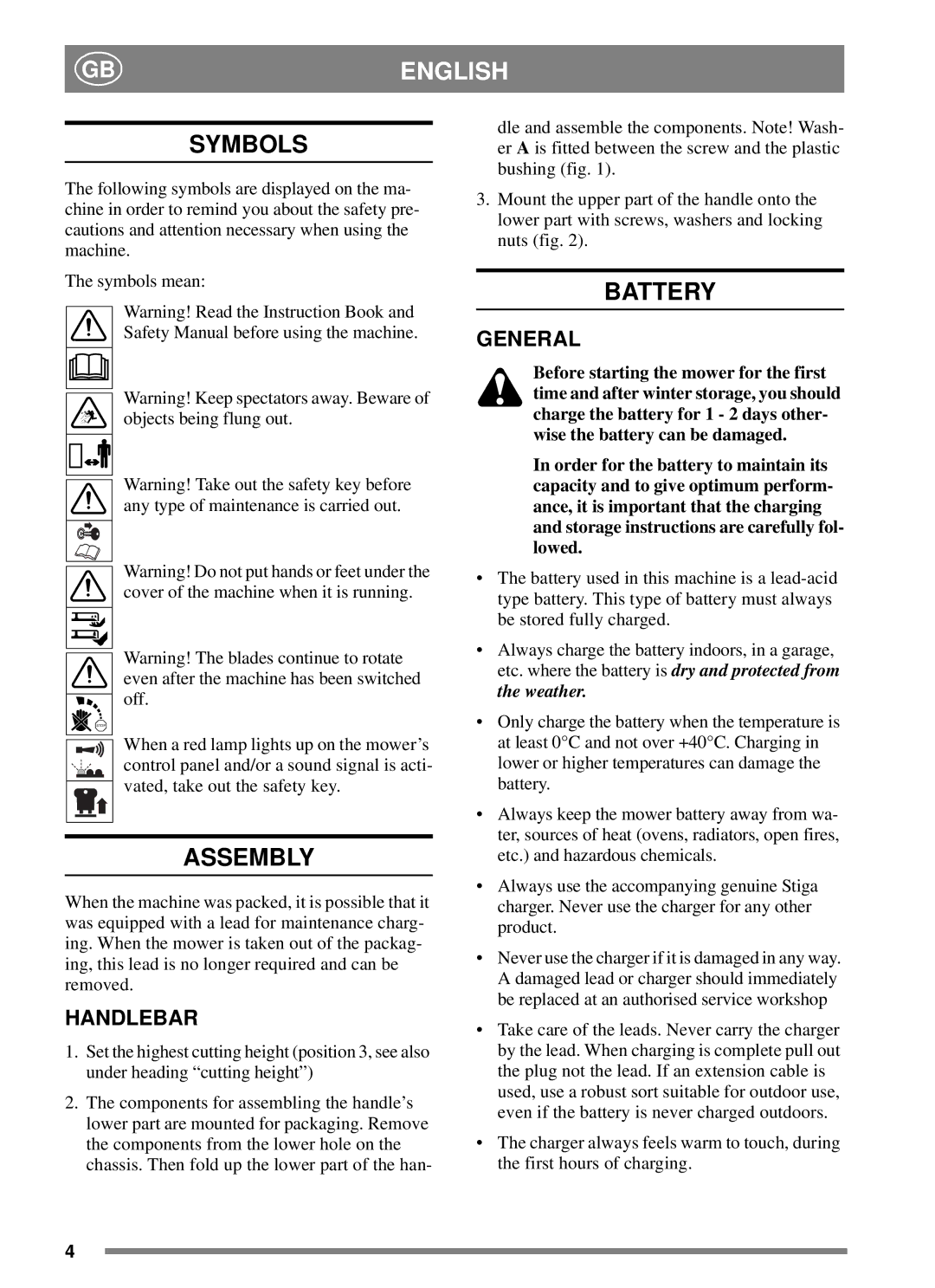 Stiga 8211-3417-04 manual Symbols, Assembly, Battery, General, Handlebar 