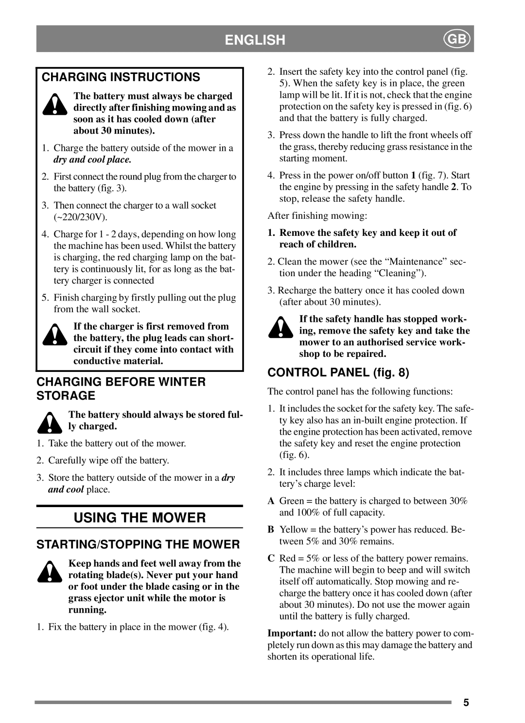 Stiga 8211-3417-04 Using the Mower, Charging Instructions, Charging Before Winter Storage, STARTING/STOPPING the Mower 