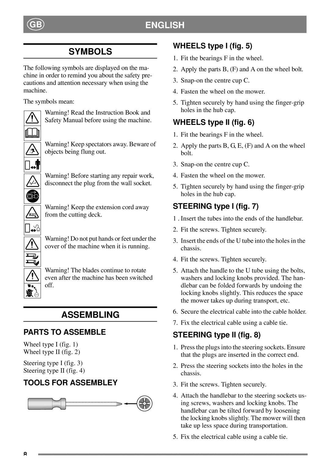 Stiga 8211-3427-04 manual Symbols, Assembling 