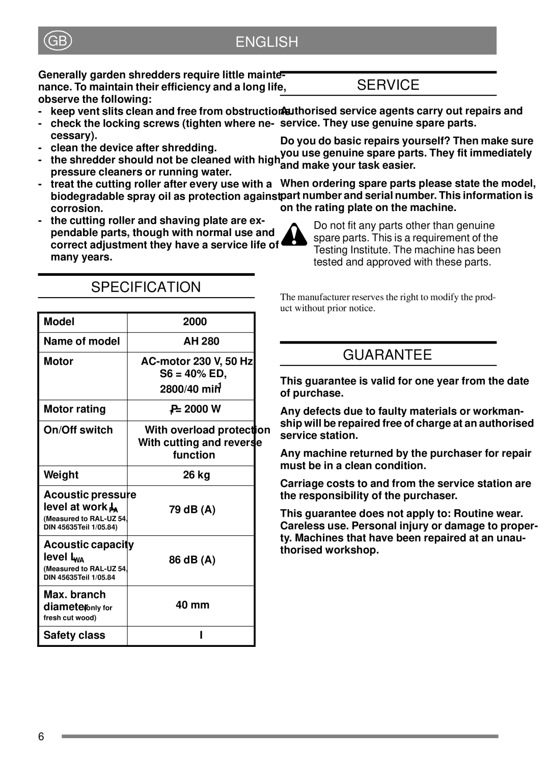 Stiga 8217-3033-01 manual Service, Specification, Guarantee 