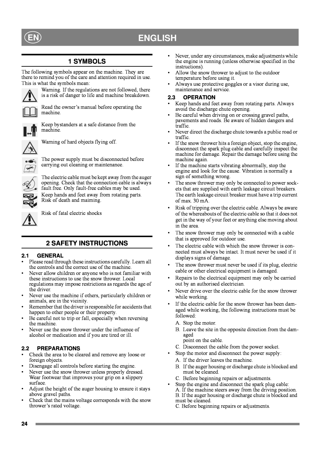 Stiga 8218-2218-70 manual English, Symbols, Safety Instructions, General, Preparations, Operation 