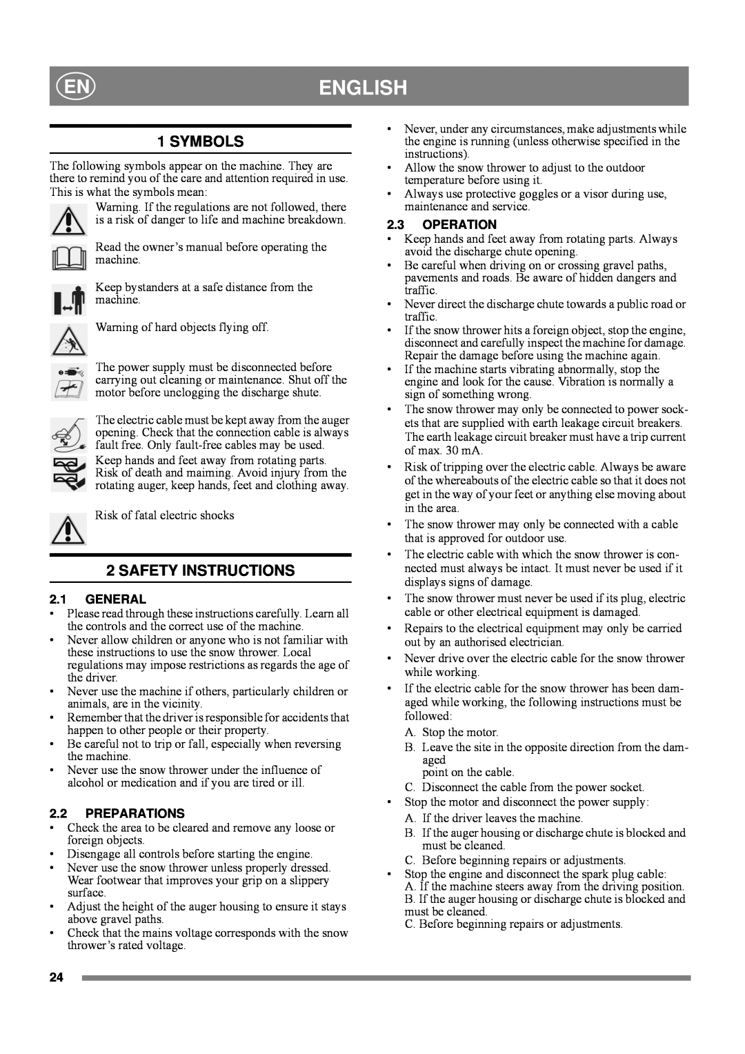 Stiga 8218-2218-71 manual English, Symbols, Safety Instructions, 2.1GENERAL, 2.2PREPARATIONS, 2.3OPERATION 
