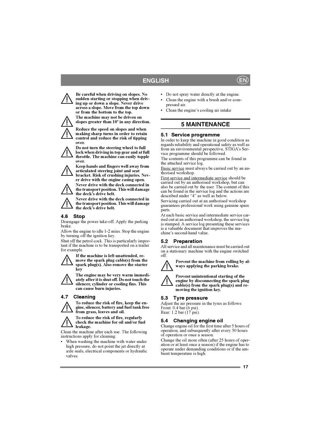 Stiga 8221-0034-80 manual Maintenance 