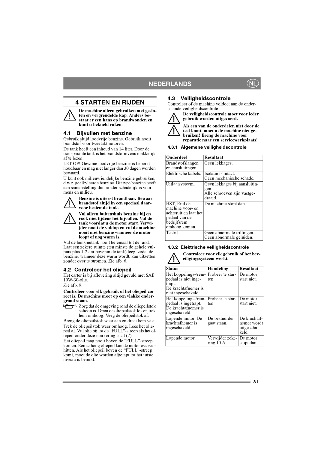 Stiga 8221-0034-80 manual Starten EN Rijden, Bijvullen met benzine, Controleer het oliepeil, Veiligheidscontrole 