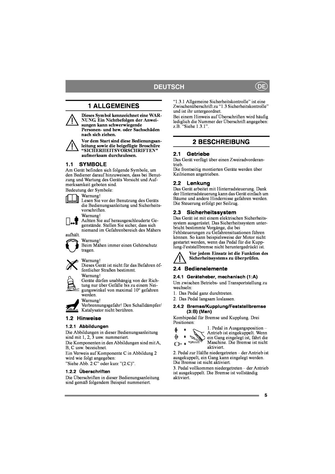 Stiga 8221-0034-80 manual Deutsch, Allgemeines, Beschreibung, Symbole, Hinweise, Getriebe, Lenkung, Sicherheitssystem 