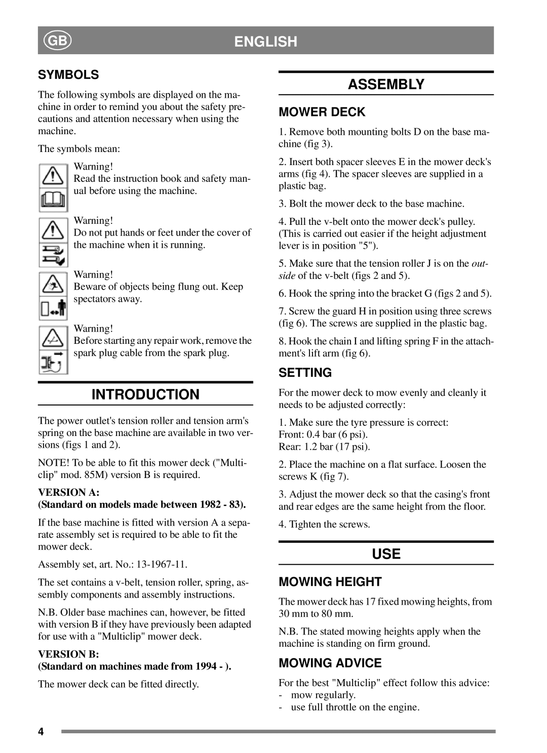 Stiga 85 M manual Introduction, Assembly, Use 