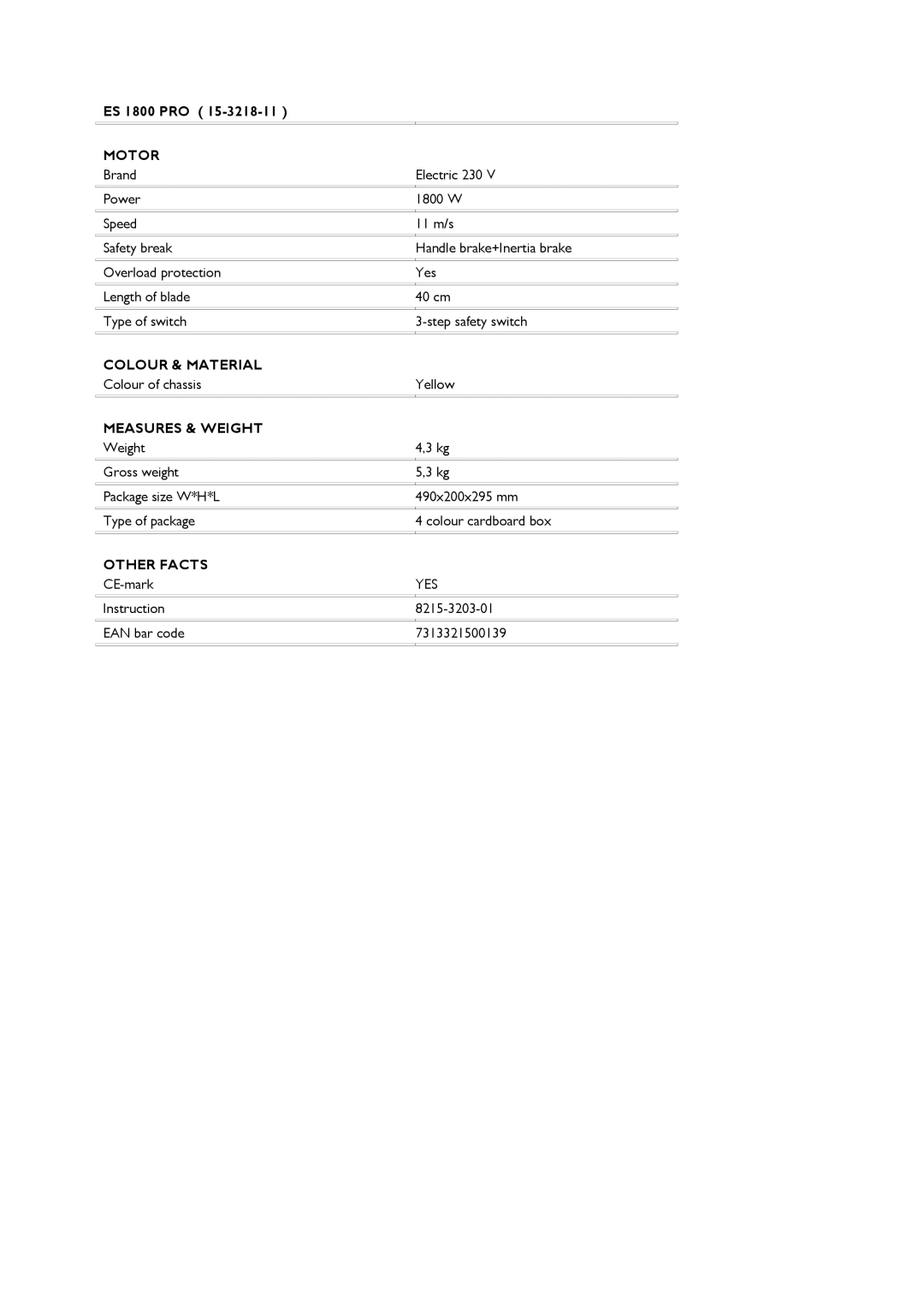 Stiga ES 1800 PRO manual Motor, Colour & Material, Measures & Weight, Other Facts 