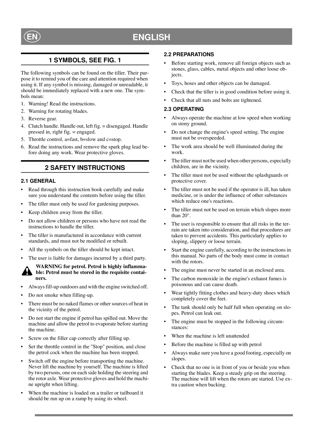 Stiga JB 55 manual SYMBOLS, see FIG, Safety Instructions, General, Preparations, Operating 