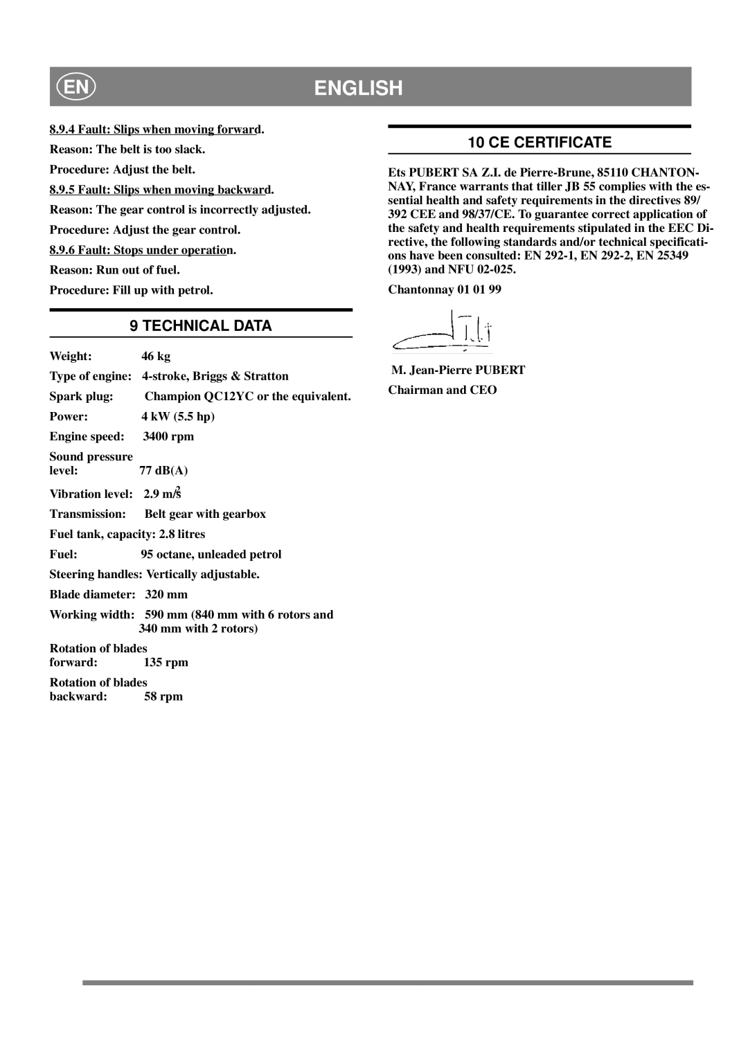 Stiga JB 55 manual CE Certificate, Technical Data 