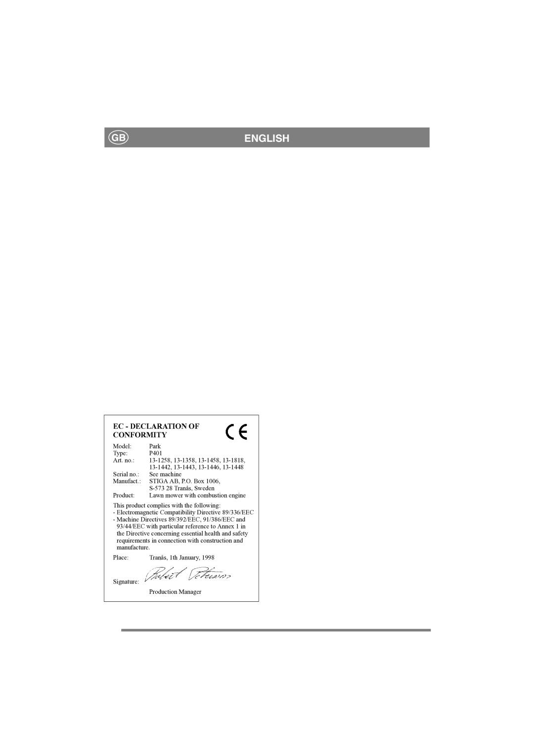 Stiga PRO 18, PRO 16 manual EC Declaration Conformity 