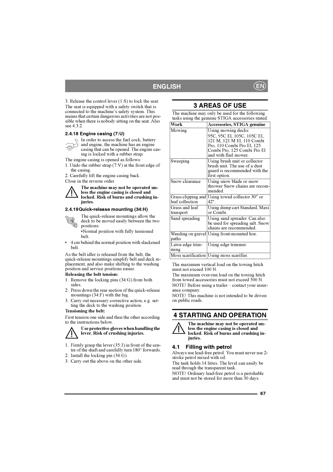 Stiga PRO 25 Areas of USE, Starting and Operation, Filling with petrol, Engine casing 7U, 19Quick-release mounting 34H 