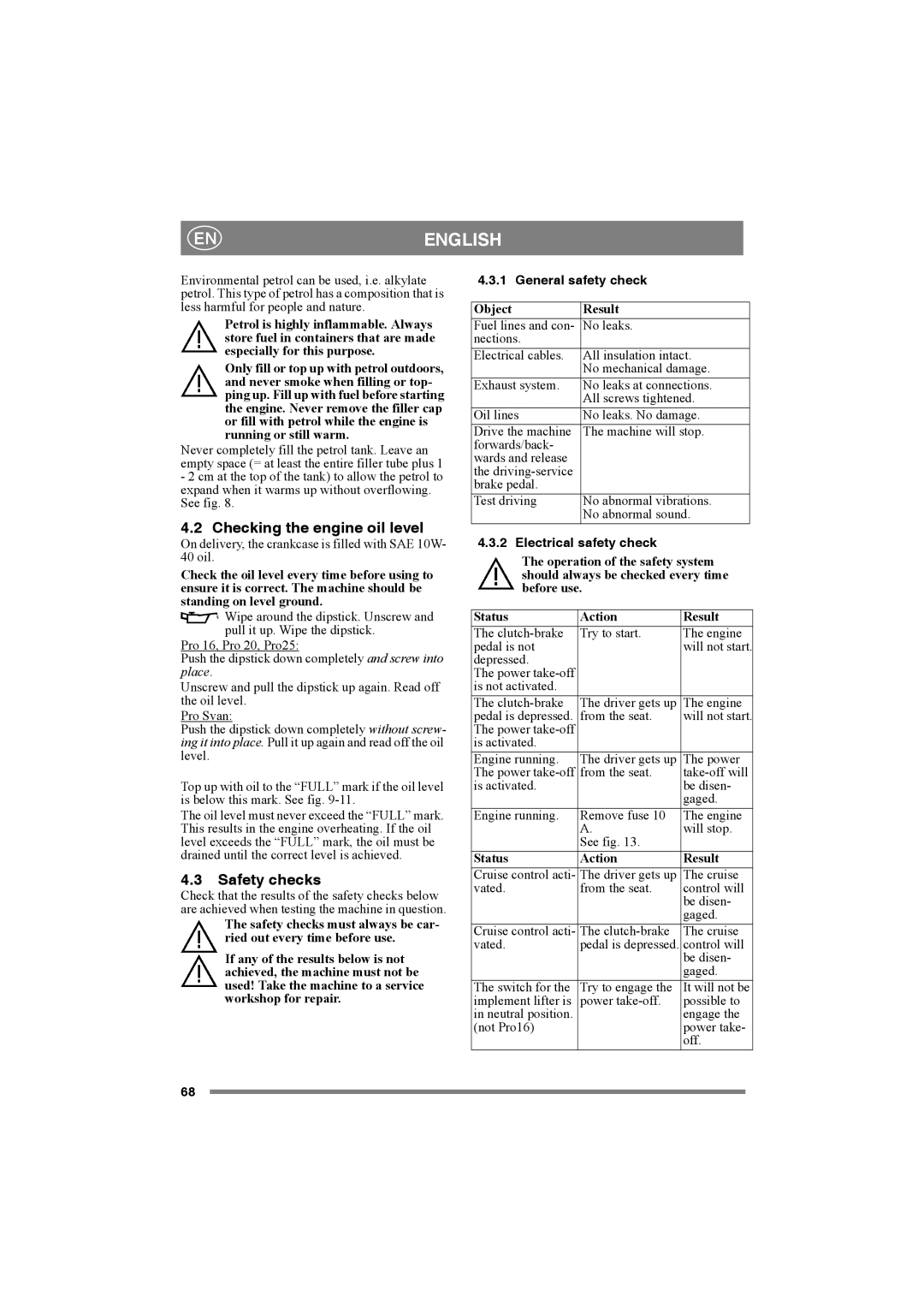 Stiga PRO SVAN, PRO 25 manual Checking the engine oil level, Safety checks, General safety check, Electrical safety check 