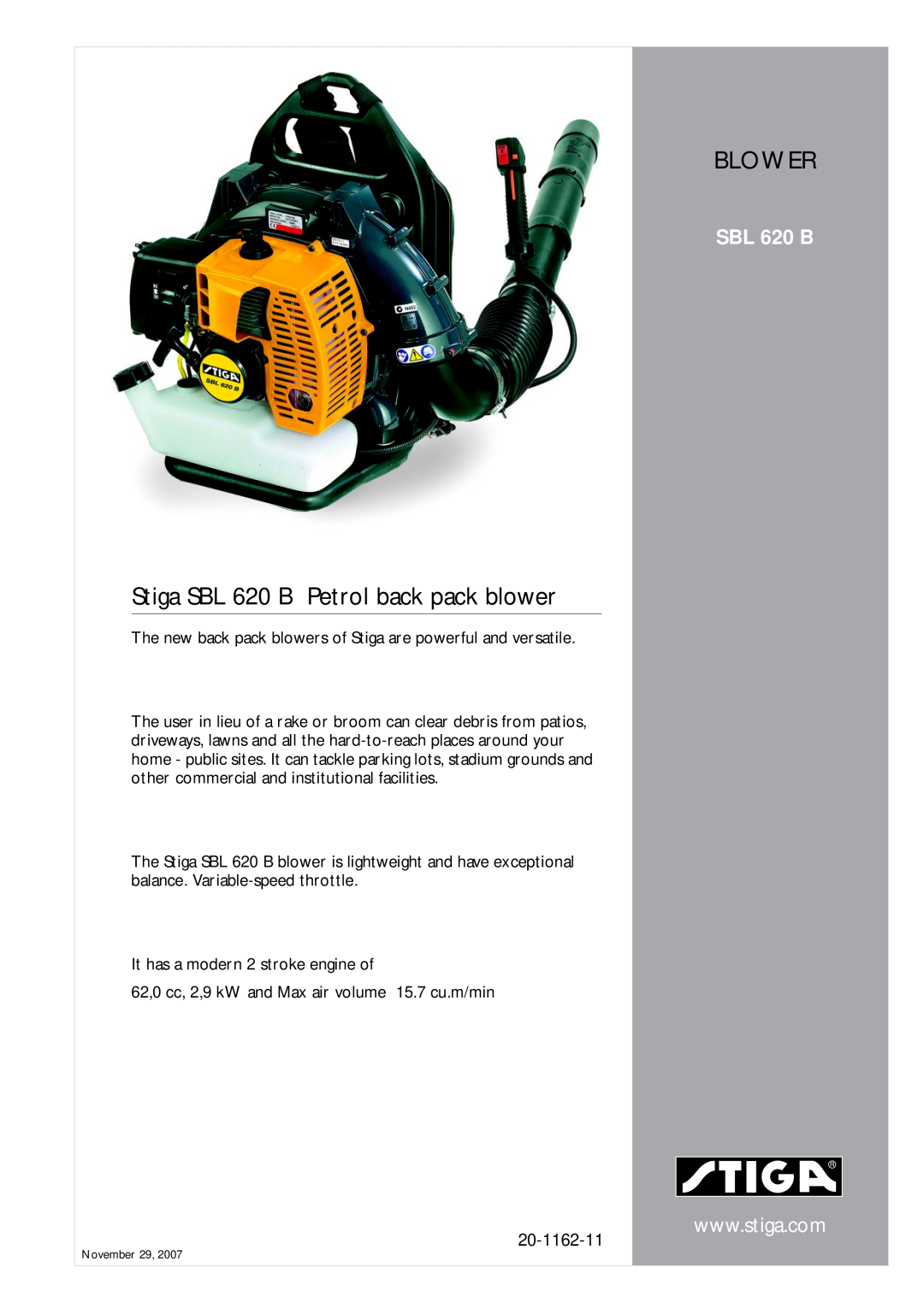 Stiga manual Blower, Stiga SBL 620 B Petrol back pack blower, 20-1162-11 
