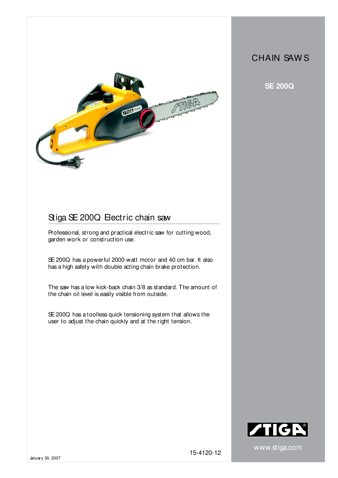 Stiga manual Stiga SE 200Q Electric chain saw, Chain Saws, 15-4120-12 