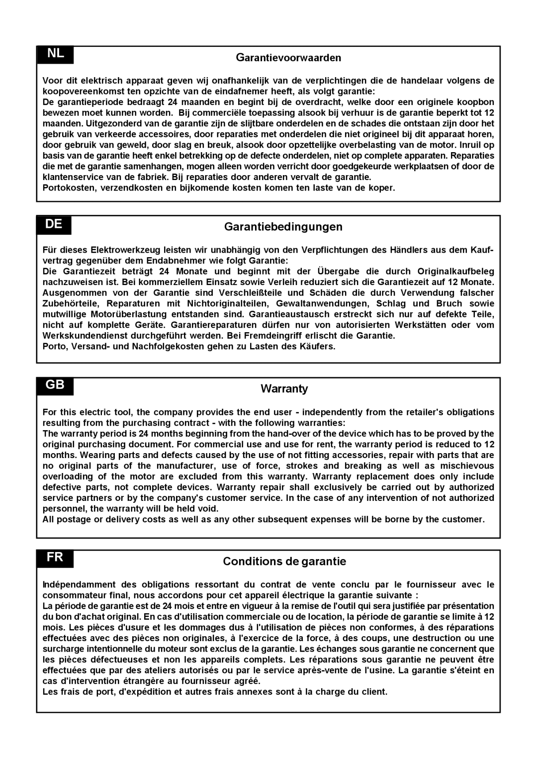 Stiga SH 54 manual Garantiebedingungen, Garantievoorwaarden 