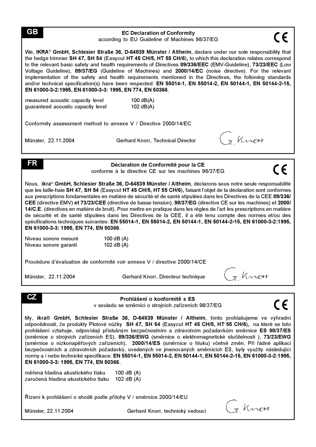 Stiga SH 54 manual EC Declaration of Conformity, Déclaration de Conformité pour la CE, Prohlášení o konformitě s ES 