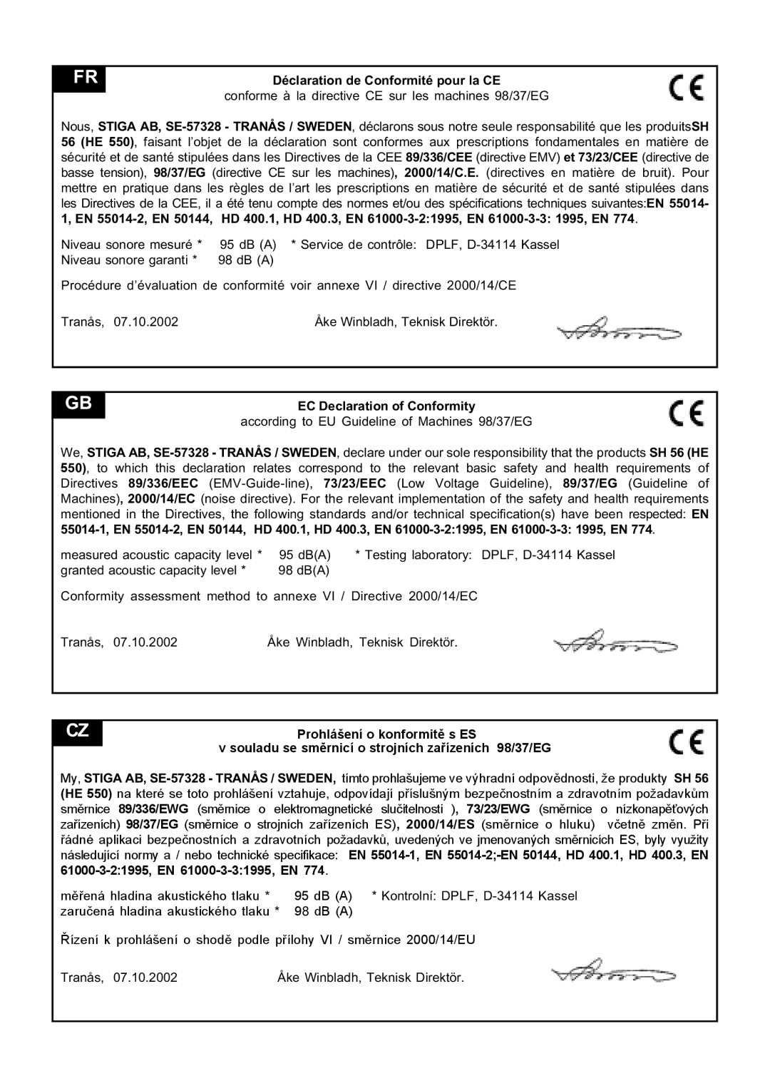 Stiga SH 56 manual Déclaration de Conformité pour la CE 