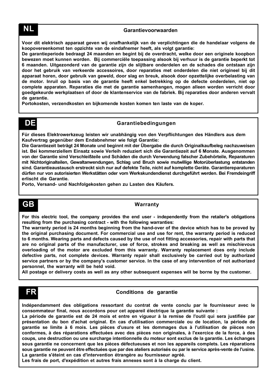 Stiga SH 56 manual Garantievoorwaarden, Garantiebedingungen, Warranty, Conditions de garantie 