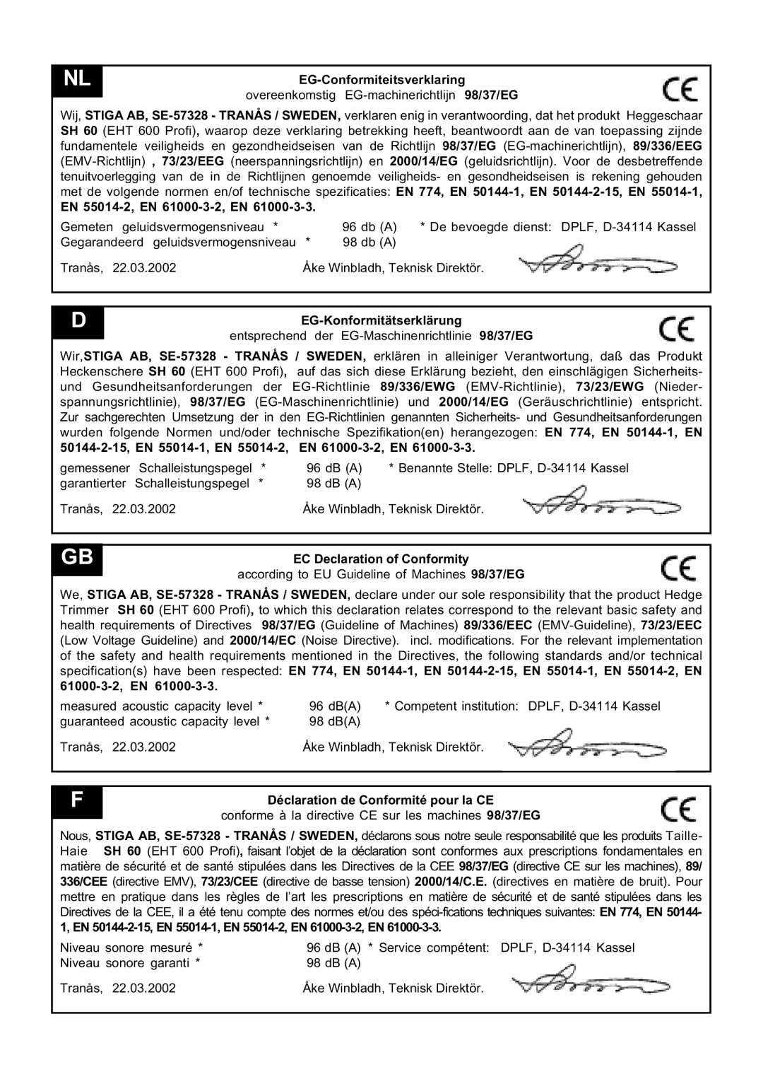 Stiga SH 60 instruction manual EG-Conformiteitsverklaring 