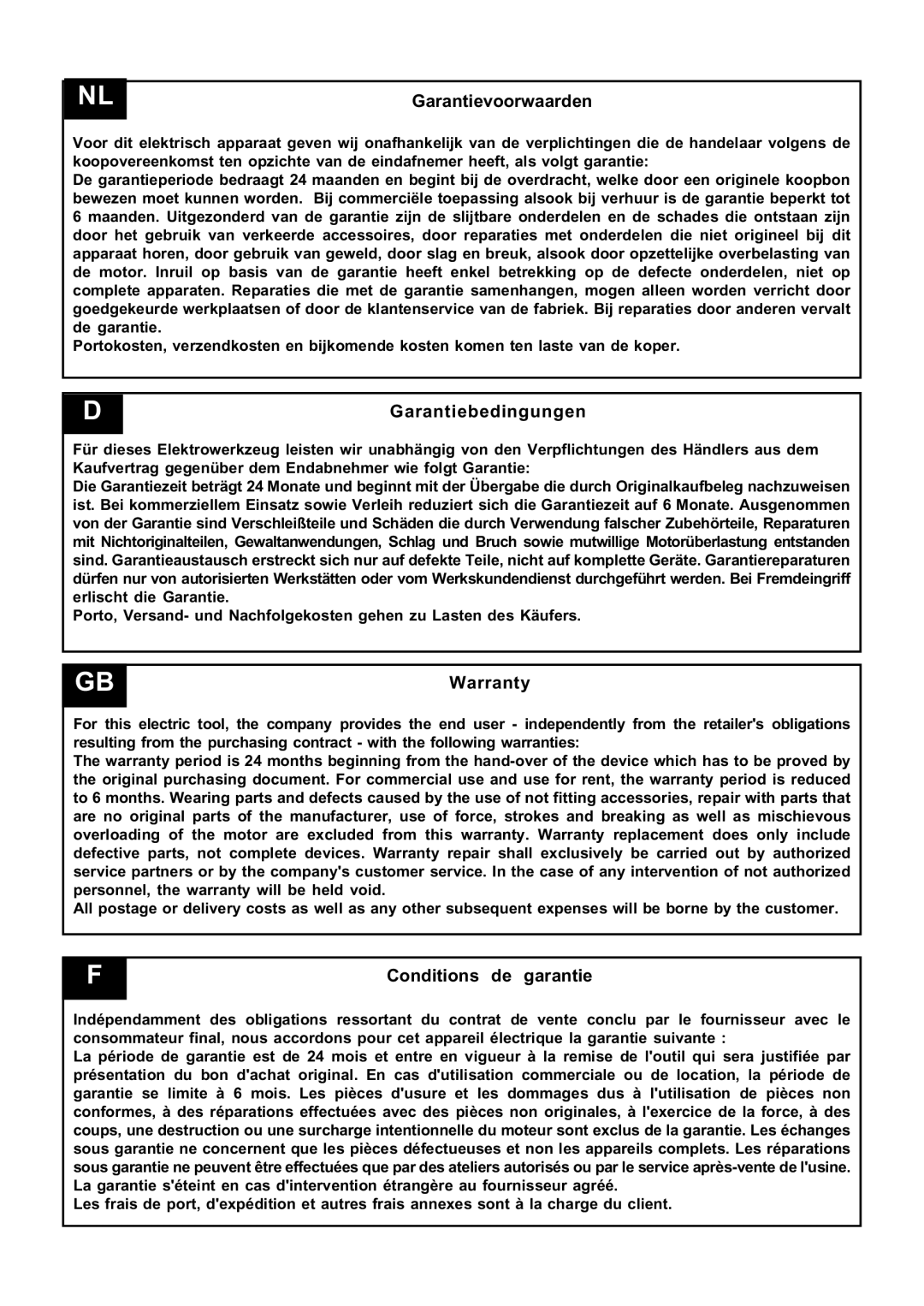 Stiga SH 60 instruction manual Garantievoorwaarden, Garantiebedingungen, Warranty, Conditions de garantie 