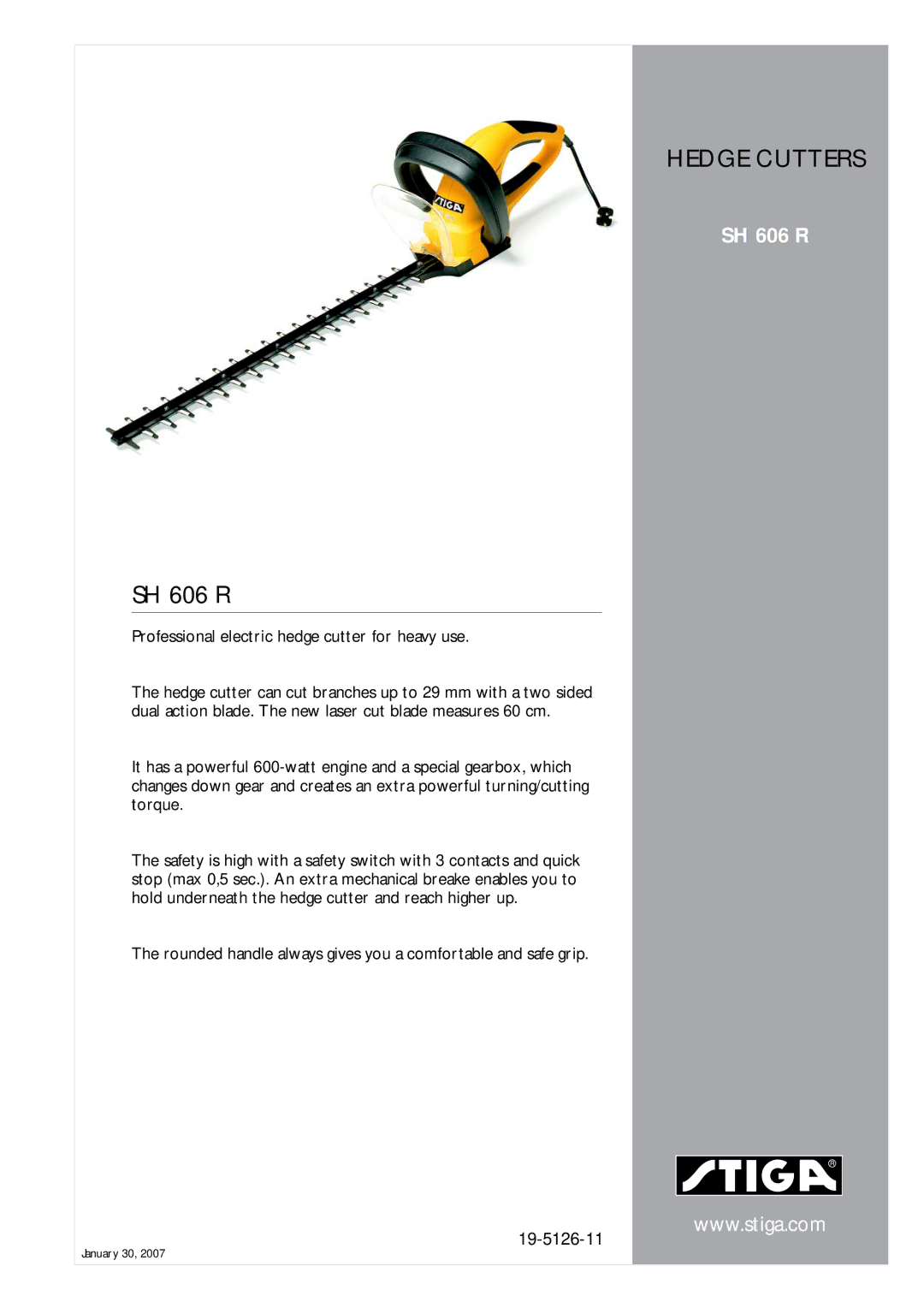 Stiga SH 606 R manual Hedge Cutters, Professional electric hedge cutter for heavy use 