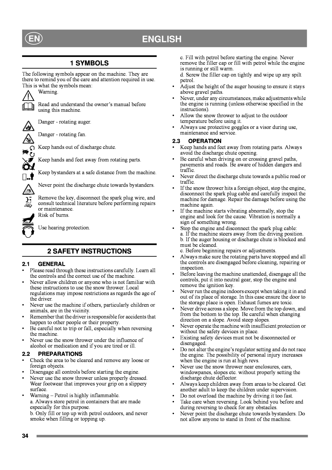 Stiga SNOW BREEZE, SNOW REX manual English, Symbols, Safety Instructions, General, Preparations, Operation 
