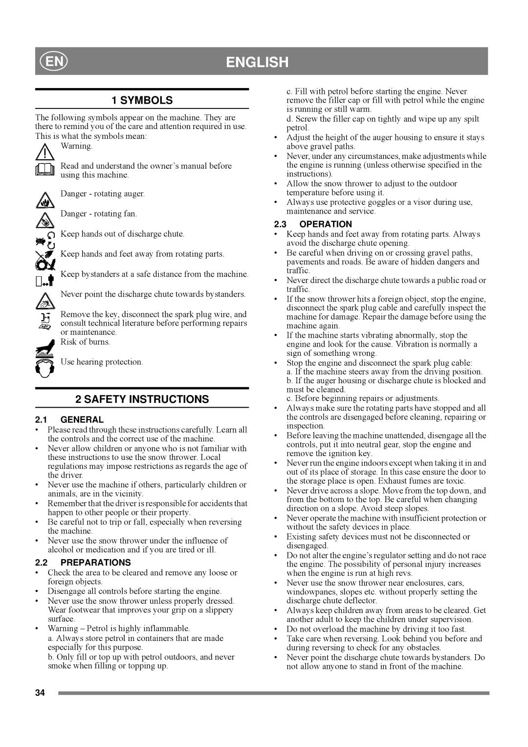 Stiga SNOW BREEZE, SNOW REX manual Symbols, Safety Instructions 