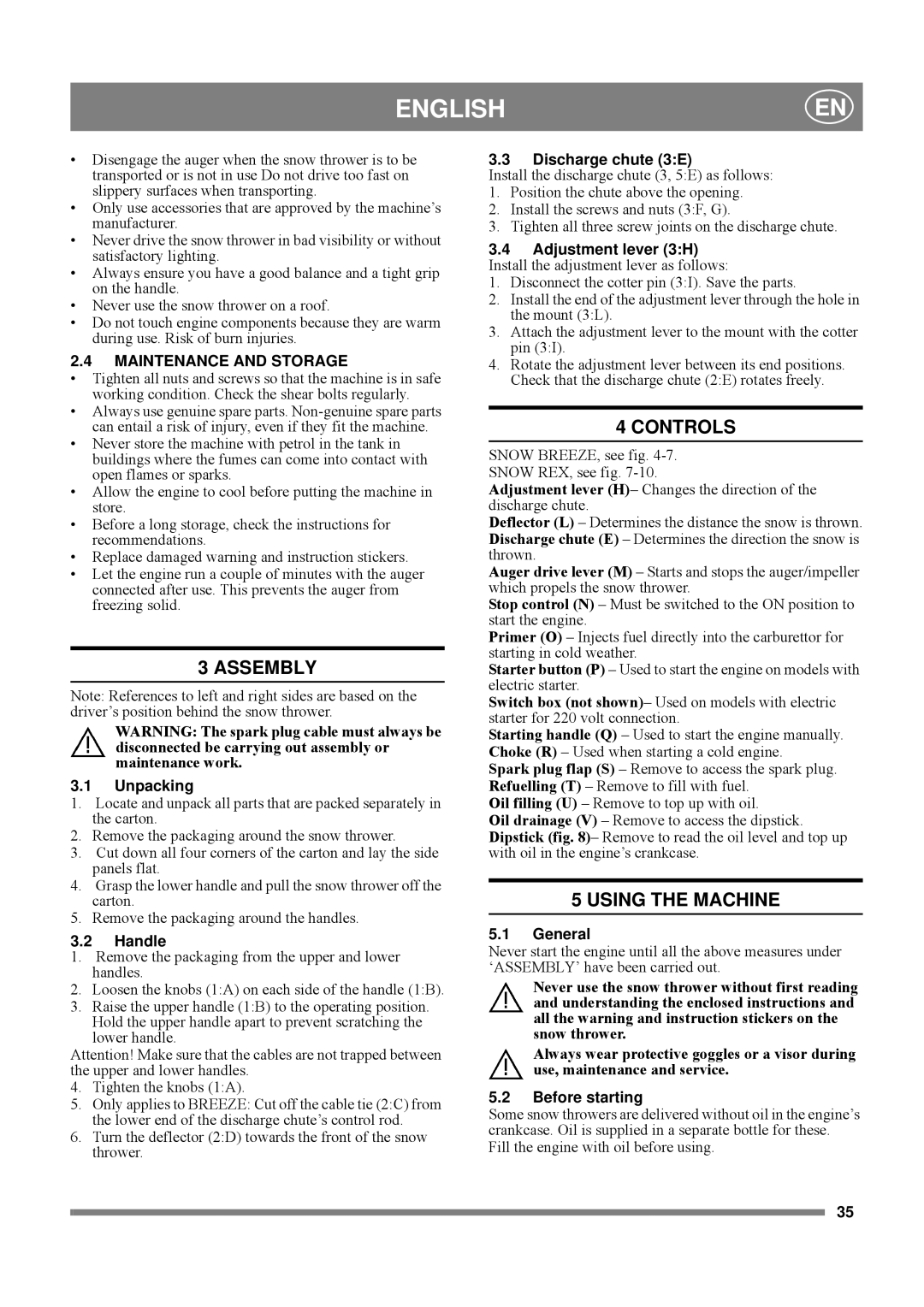 Stiga SNOW REX, SNOW BREEZE manual Assembly, Controls, Using the Machine 