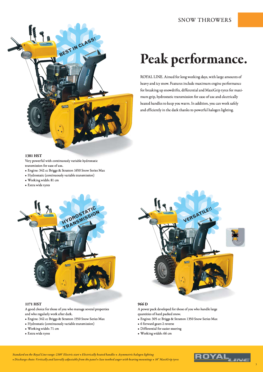Stiga Snow Throwers manual Peak performance, Class In Best, 1381 HST, Hydrostatic Transmission, 1171 HST, Versatile, 966 D 