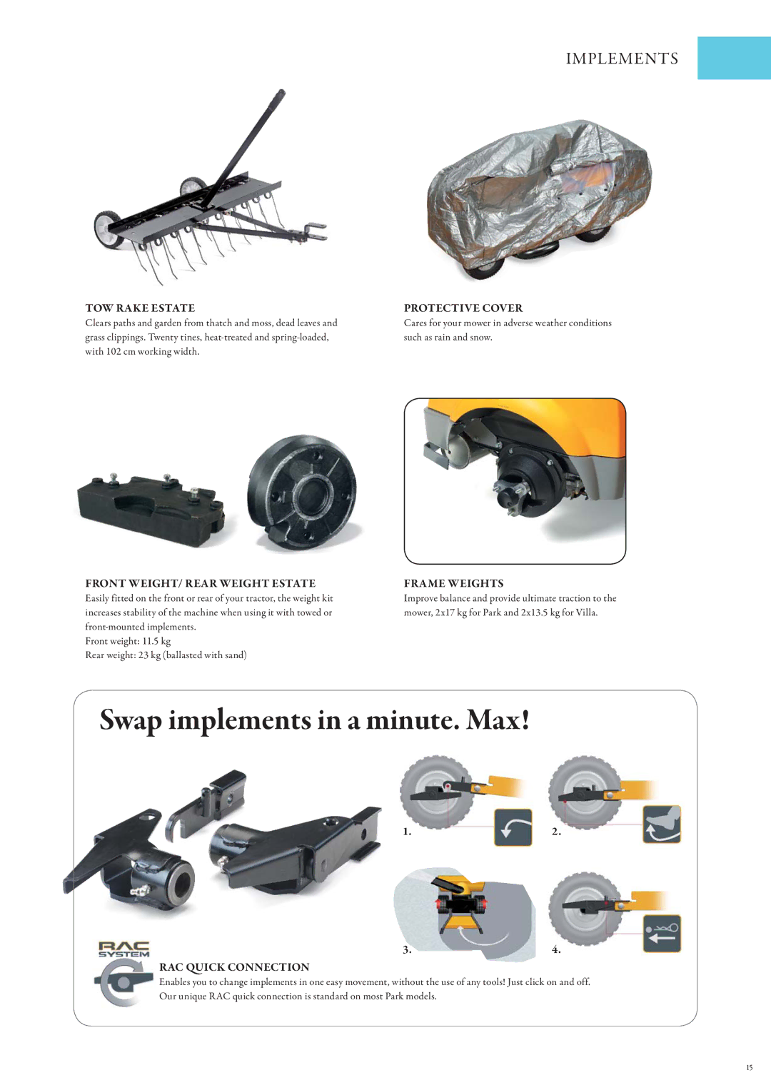 Stiga Snow Throwers manual TOW Rake Estate, Front WEIGHT/ Rear Weight Estate, RAC Quick Connection 