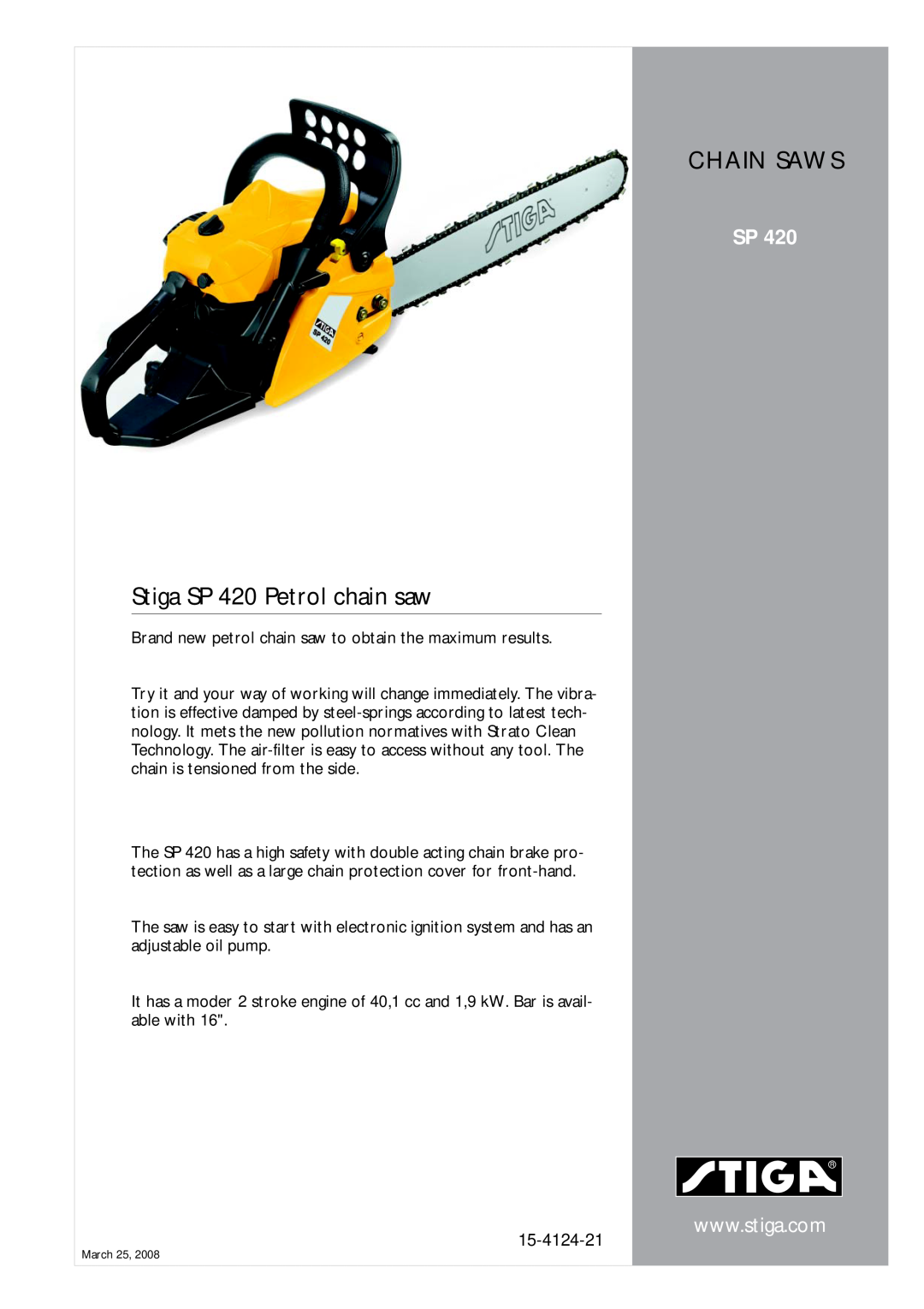 Stiga manual Chain Saws, Stiga SP 420 Petrol chain saw, 15-4124-21 