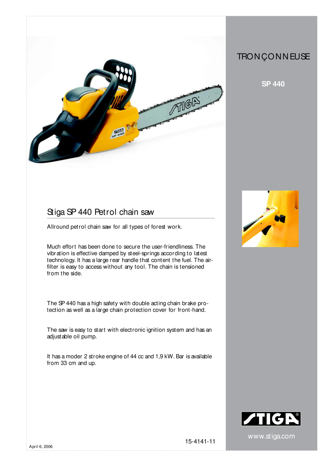 Stiga manual Tronçonneuse, Stiga SP 440 Petrol chain saw, 15-4141-11 