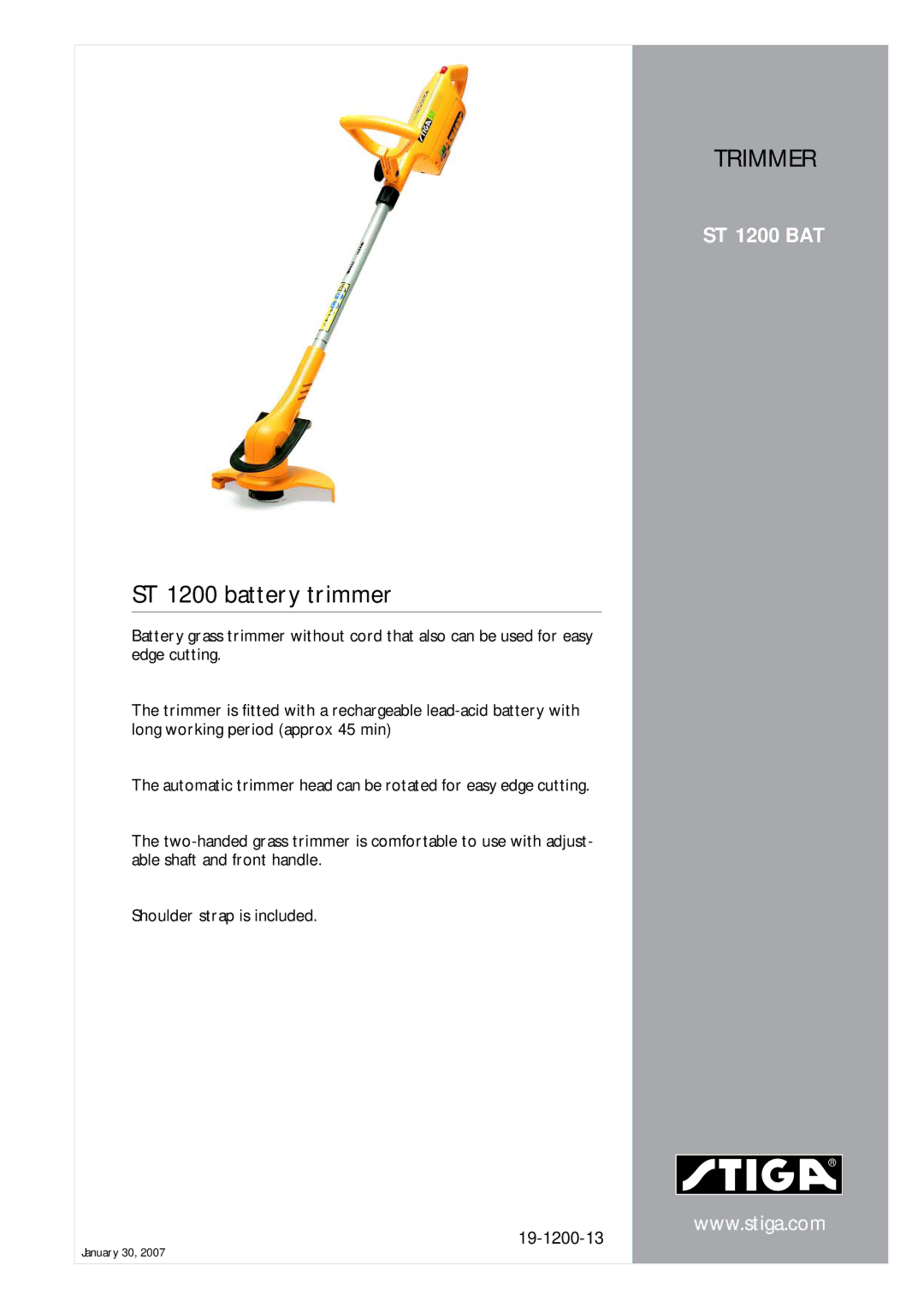 Stiga ST 1200 BAT manual Trimmer, ST 1200 battery trimmer 