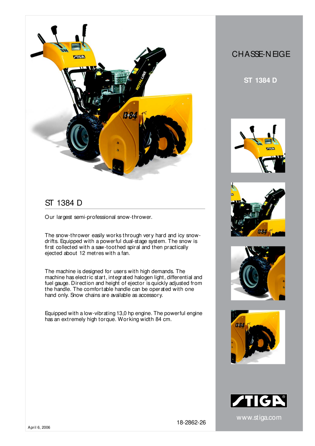 Stiga 18-2862-26 manual Chasse-Neige, ST 1384 D 