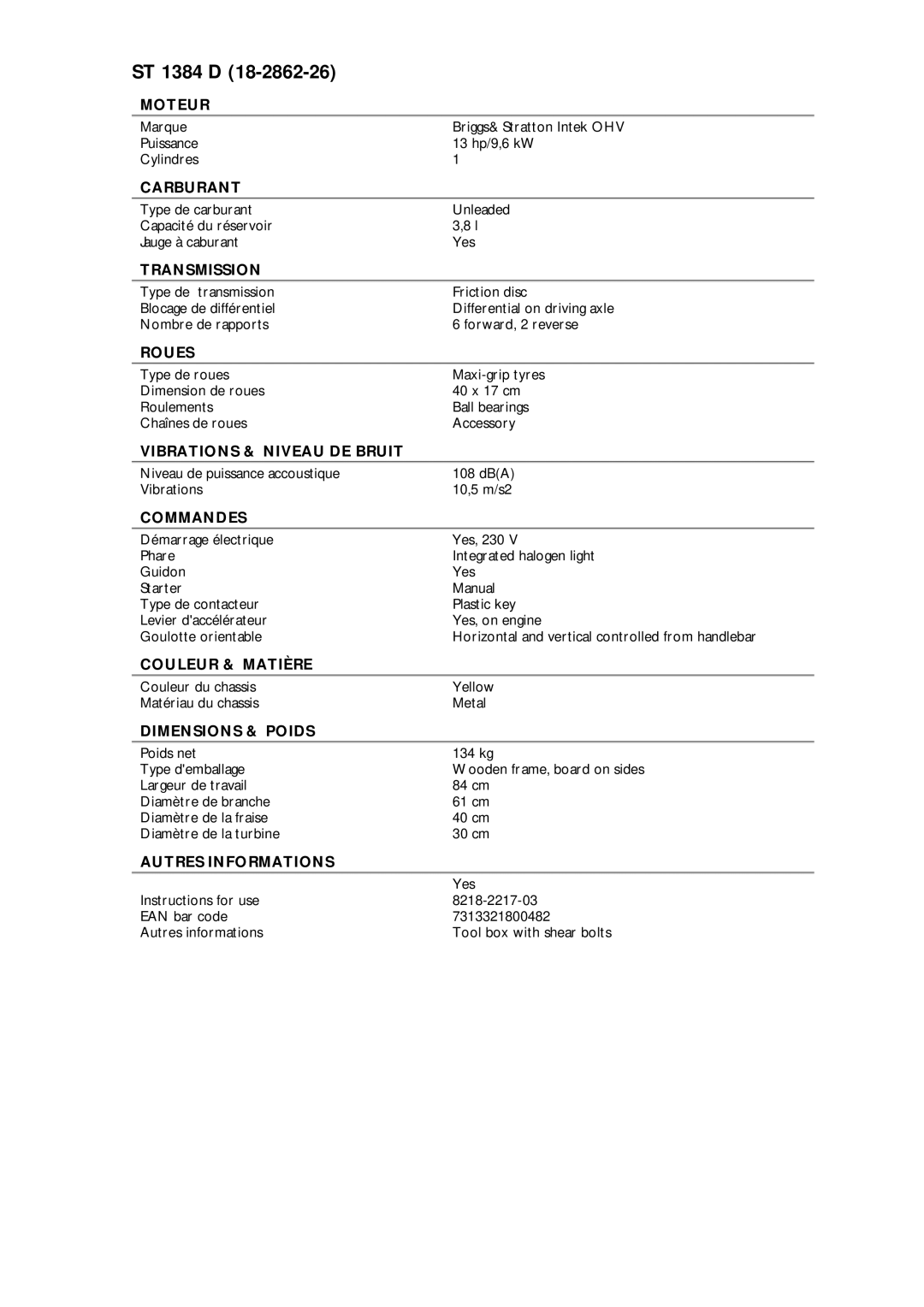 Stiga ST 1384 D, 18-2862-26 manual 