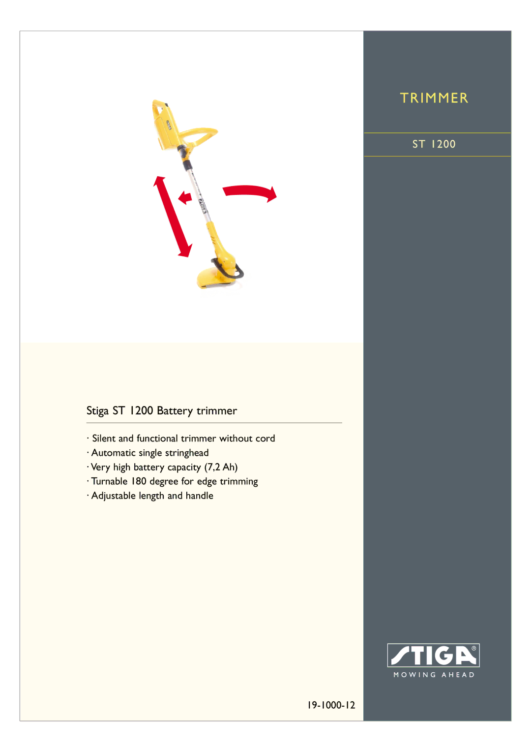 Stiga ST1200 manual I M M E R, Stiga ST 1200 Battery trimmer, 19-1000-12 