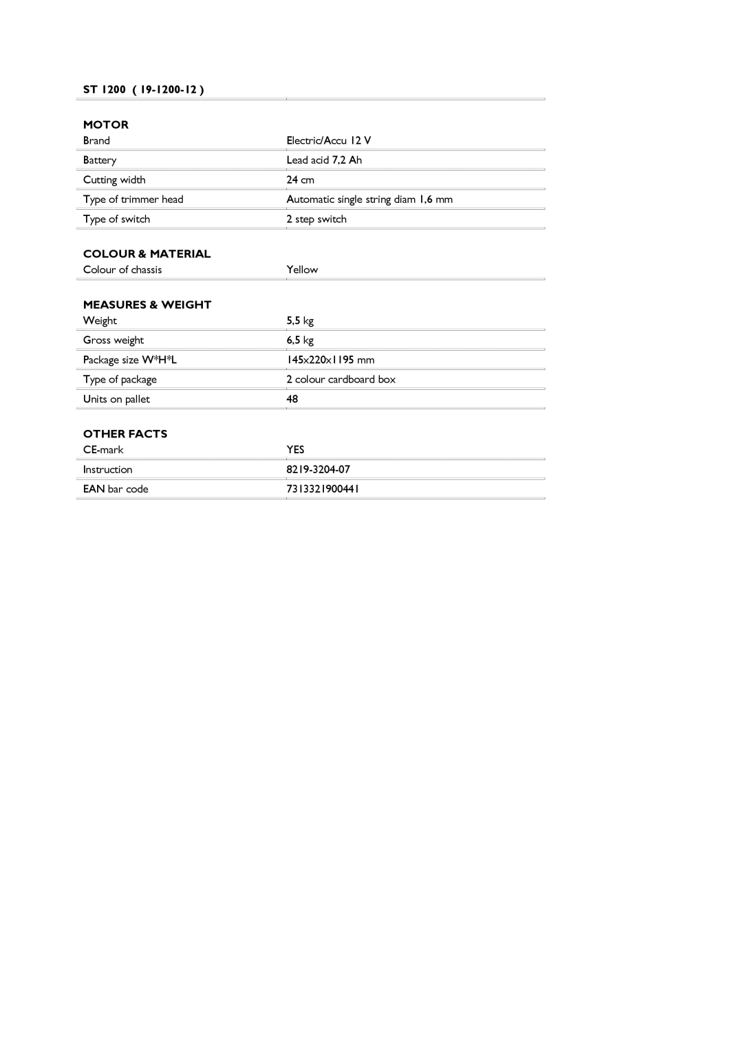 Stiga ST1200 manual Motor, Colour & Material, Measures & Weight, Other Facts 