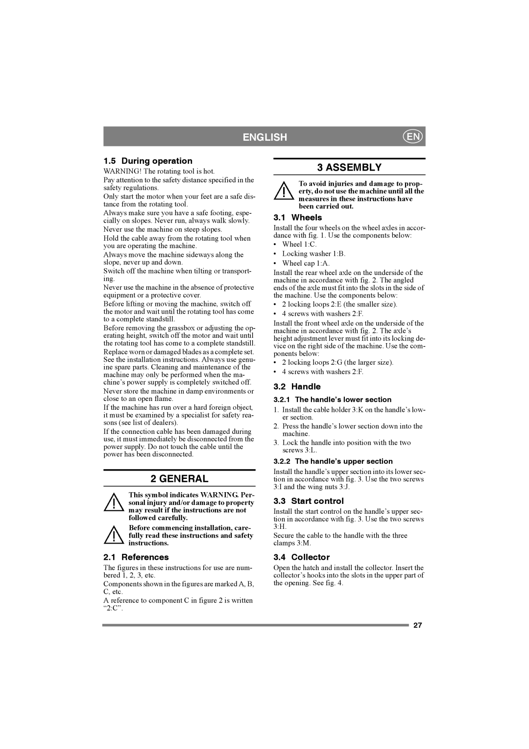 Stiga VE32 manual Assembly, General 