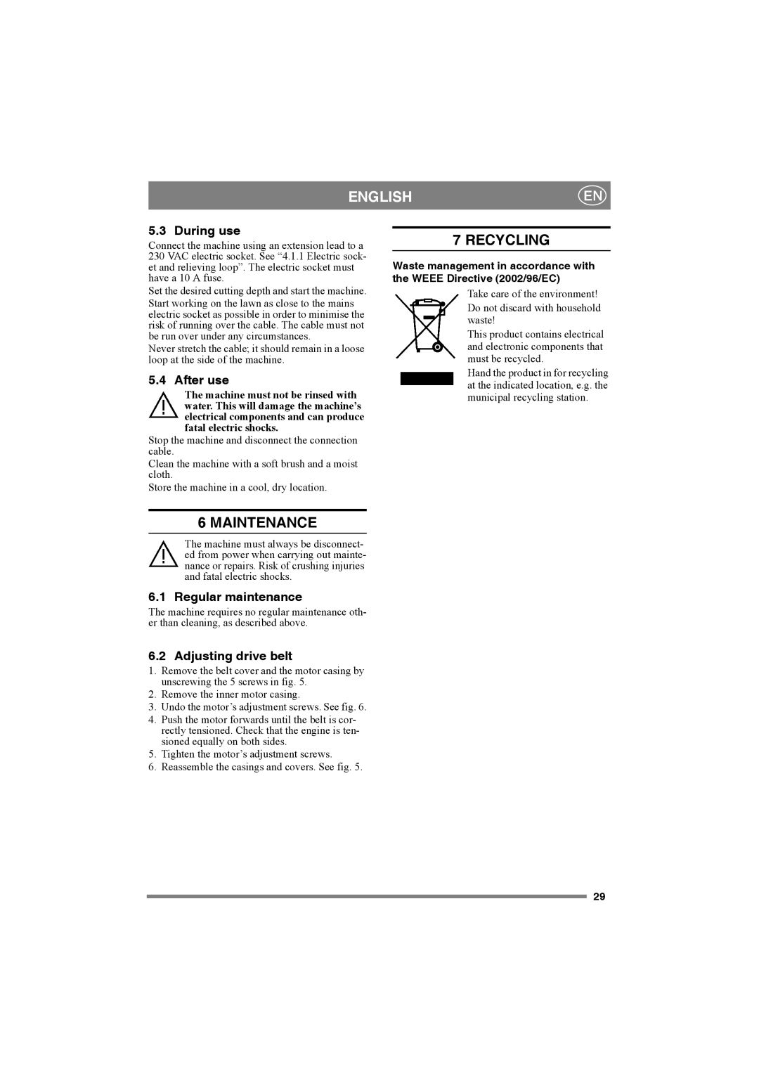 Stiga VE32 manual Recycling, Maintenance 