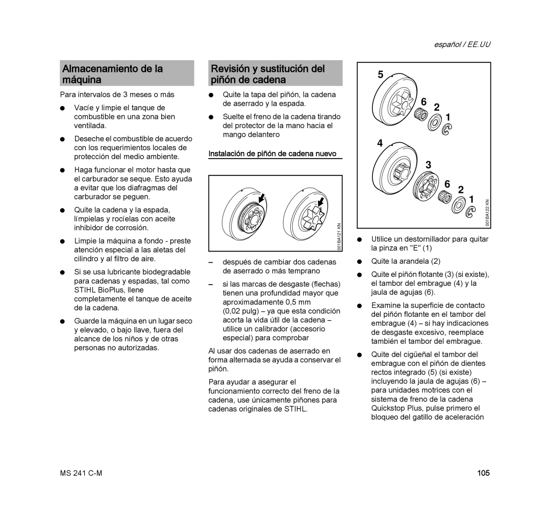 STIHL MS 241 C-M manual Almacenamiento de la máquina, Revisión y sustitución del piñón de cadena, 105 