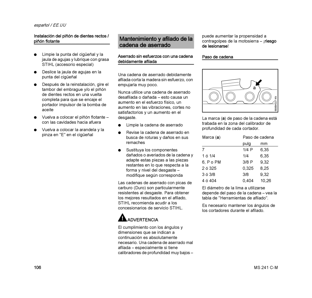 STIHL MS 241 C-M manual Mantenimiento y afilado de la cadena de aserrado, Paso de cadena 