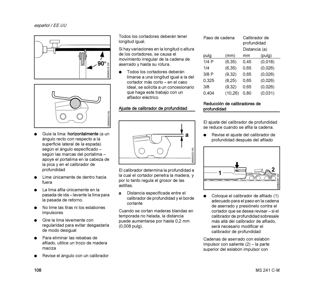 STIHL MS 241 C-M manual Ajuste de calibrador de profundidad, 108 