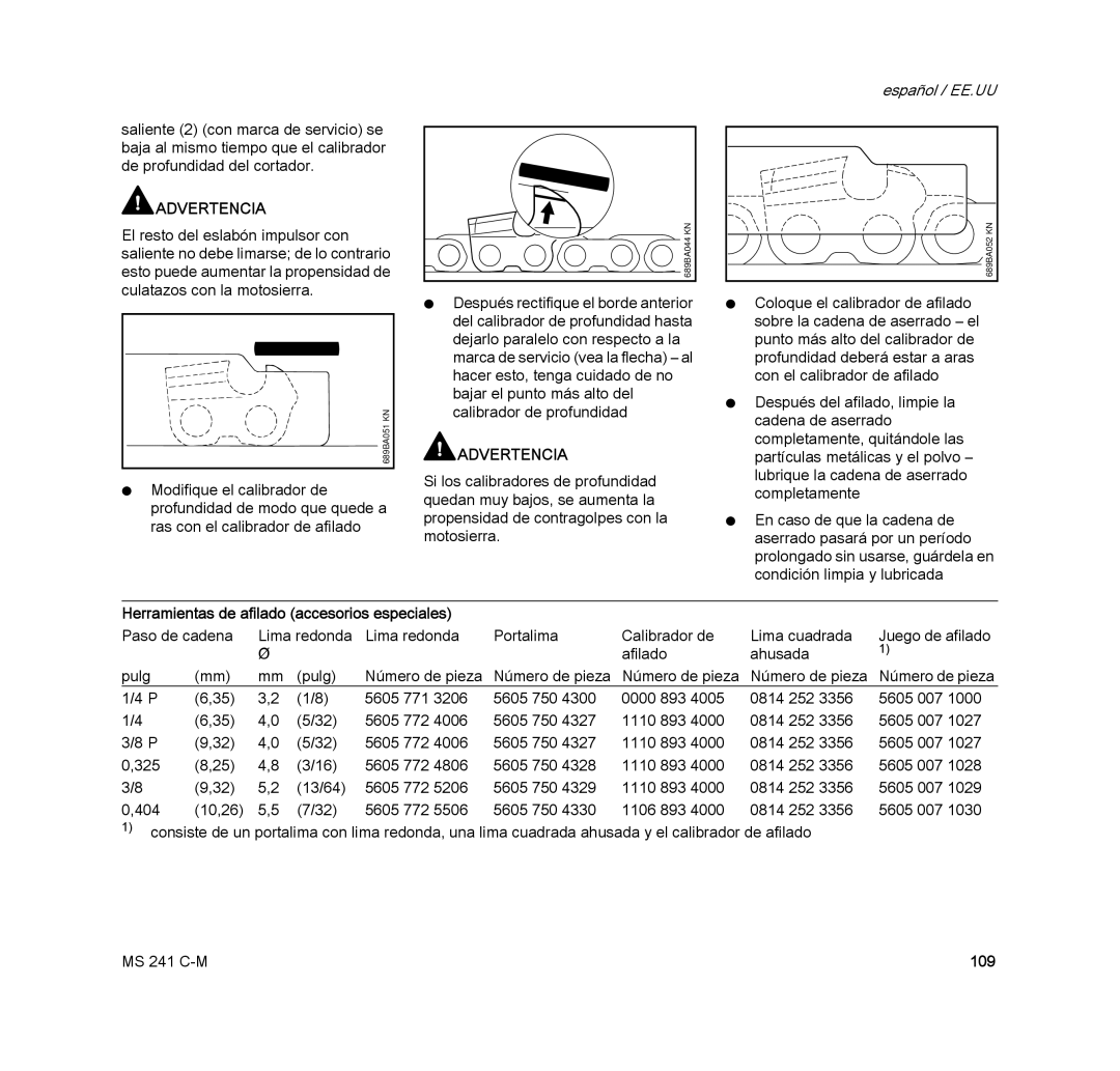 STIHL MS 241 C-M manual Herramientas de afilado accesorios especiales, 109 