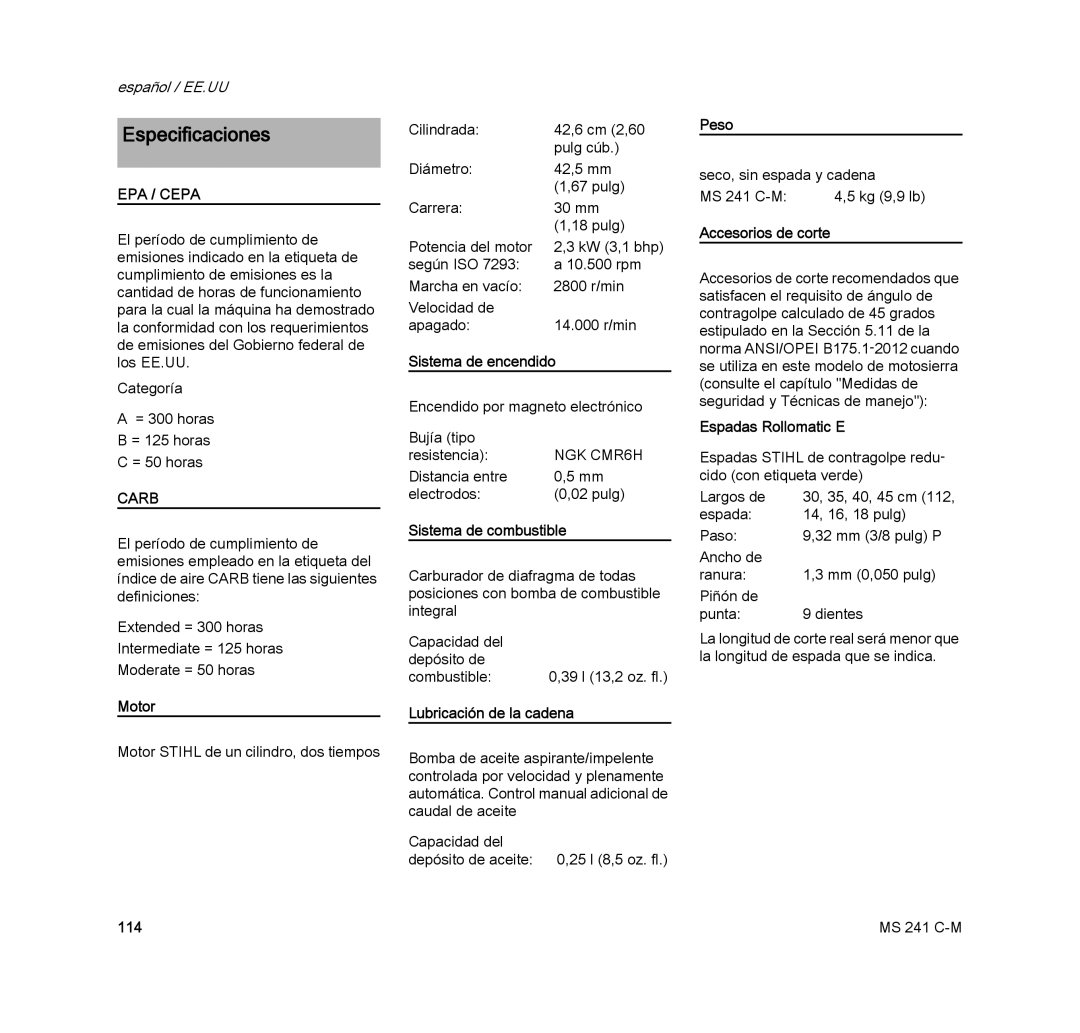 STIHL MS 241 C-M manual Especificaciones 