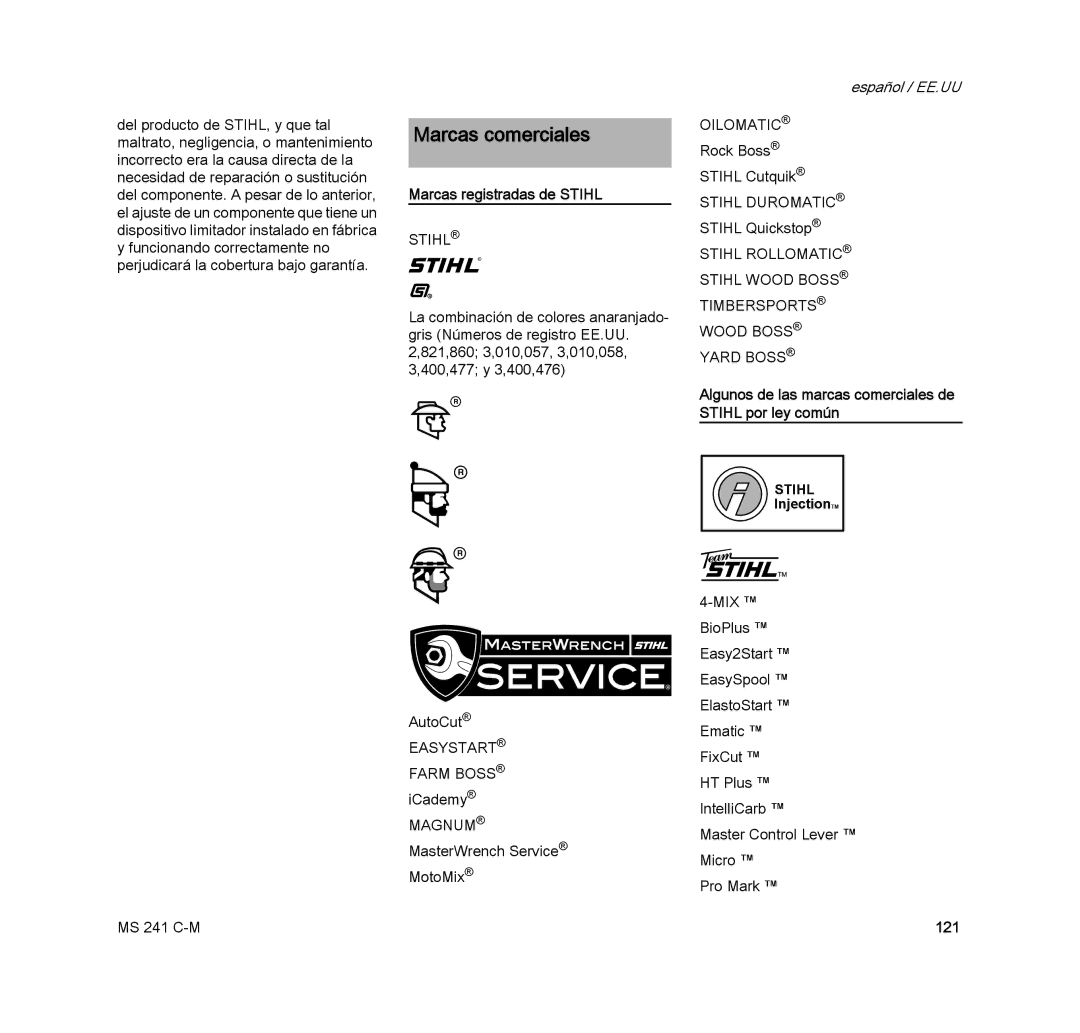 STIHL MS 241 C-M manual Marcas comerciales, Marcas registradas de Stihl 