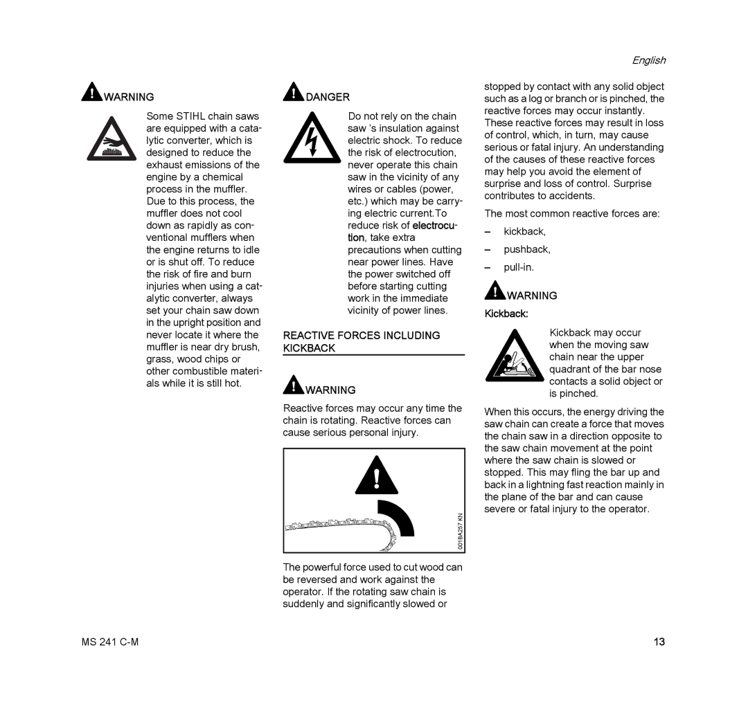 STIHL MS 241 C-M manual Reactive Forces Including Kickback 