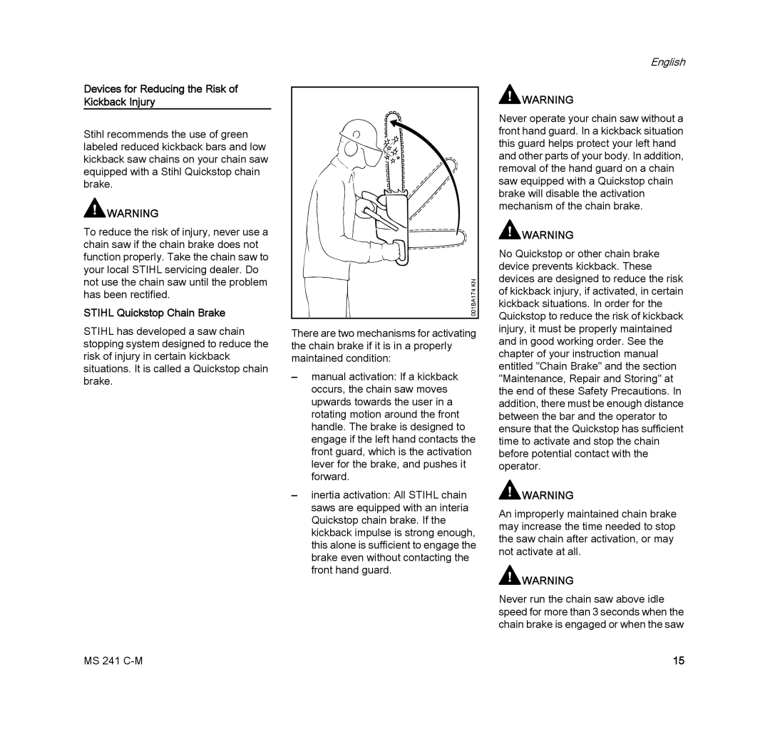 STIHL MS 241 C-M manual Devices for Reducing the Risk of Kickback Injury, Stihl Quickstop Chain Brake 