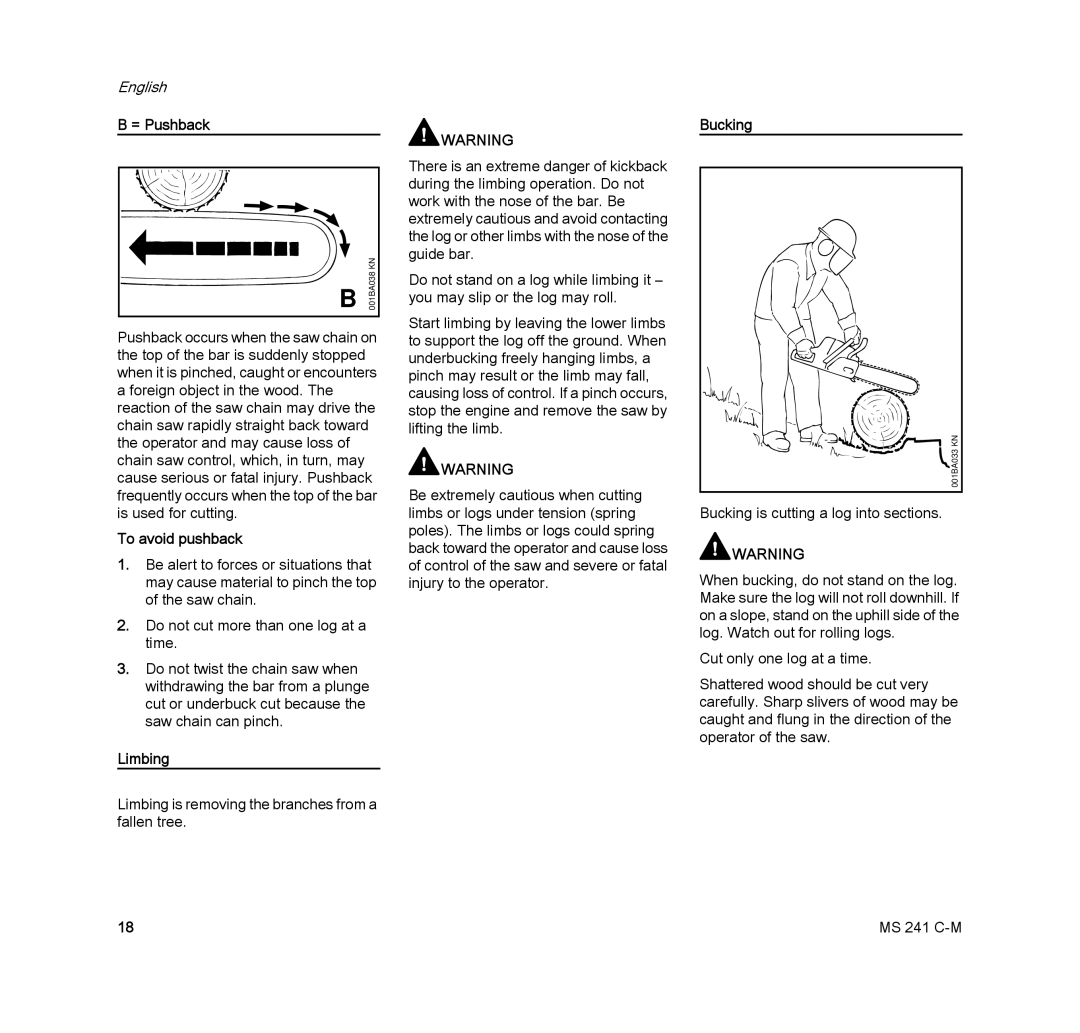 STIHL MS 241 C-M manual = Pushback, To avoid pushback, Limbing, Bucking 