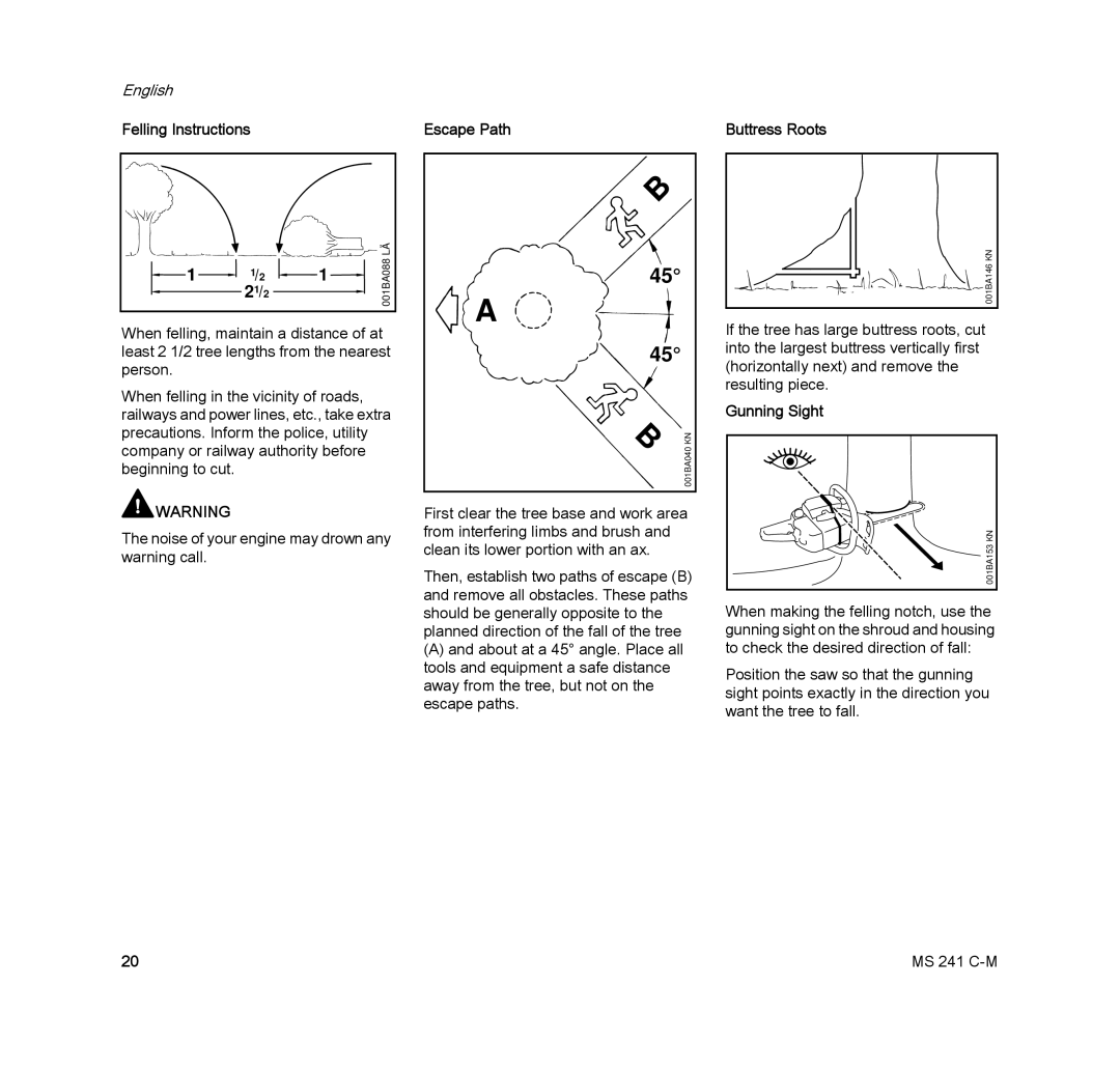 STIHL MS 241 C-M manual Felling Instructions, Escape Path, Buttress Roots, Gunning Sight 