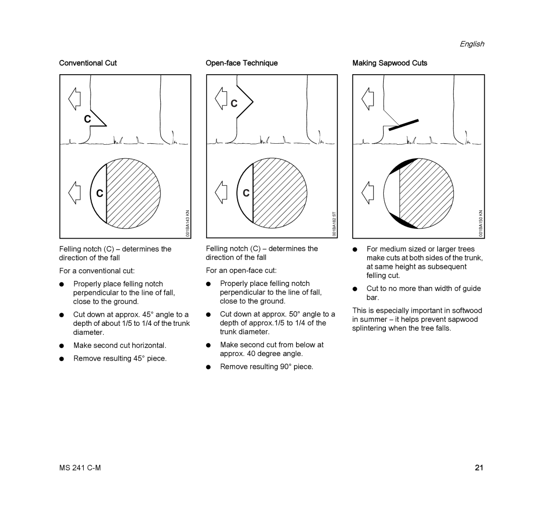 STIHL MS 241 C-M manual Conventional Cut Open-face Technique 